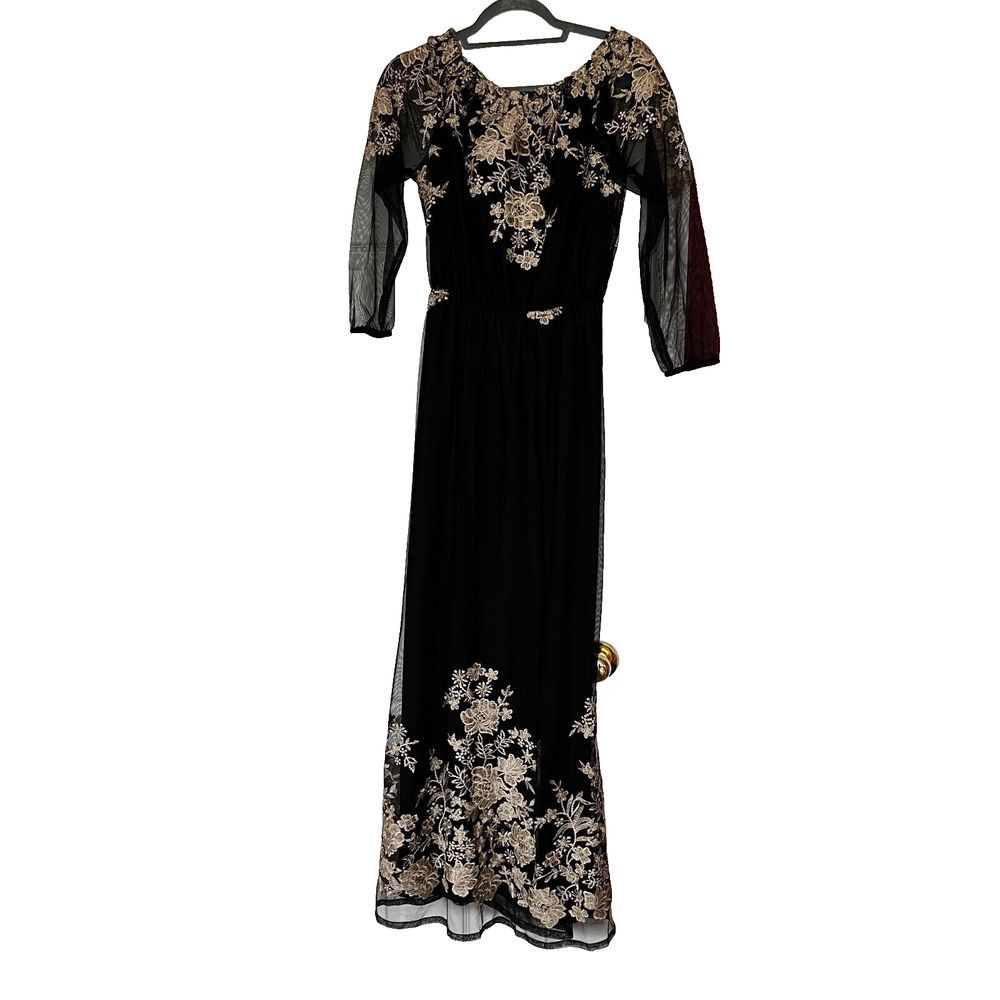 NINE‎ WEST Women's Gold Embroidered Off The Shoulder Maxi Dress Size 2 Black